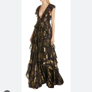 Ulla Johnson Demetria Ruffled Black Silk-Blend Metallic Gown